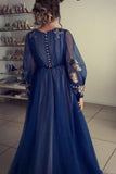 Charming A Line Long Sleeve Tulle Appliques Prom Dress Long Evening Dress P1514