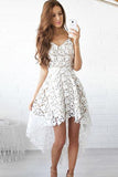 White High Low Short Sweetheart Spaghetti Hollow V-Neck Lace Homecoming Dress PM188