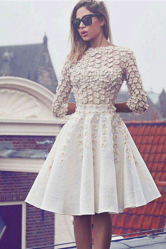 Glamorous Lace Short Flowers A-Line 3/4 Sleeves Hoco Knee-Length Homecoming Dresses PM301