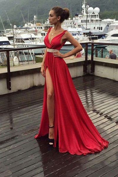 A-Line Red Simple With Slip Side Satin Chiffon Charming Deep V-Neck Sleeveless Prom Dresses uk PH250