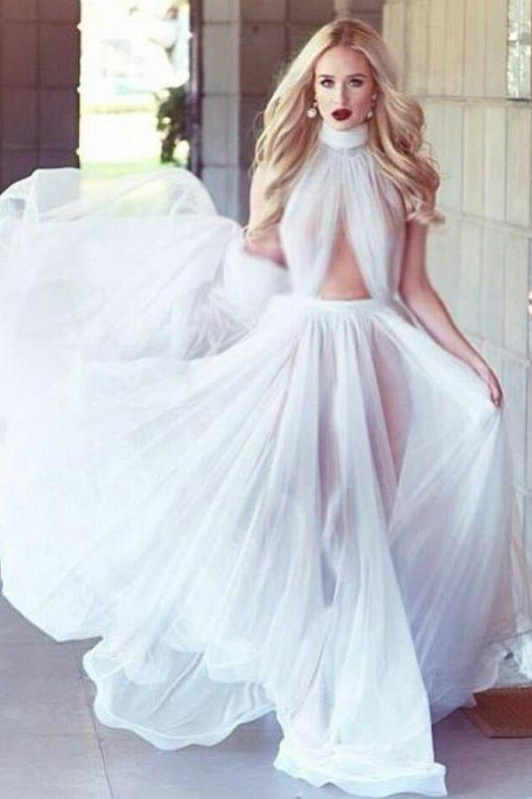A-line Cheap Long Sexy Simple Ivory High Neck Sleeveless Tulle Prom Dresses uk PH301