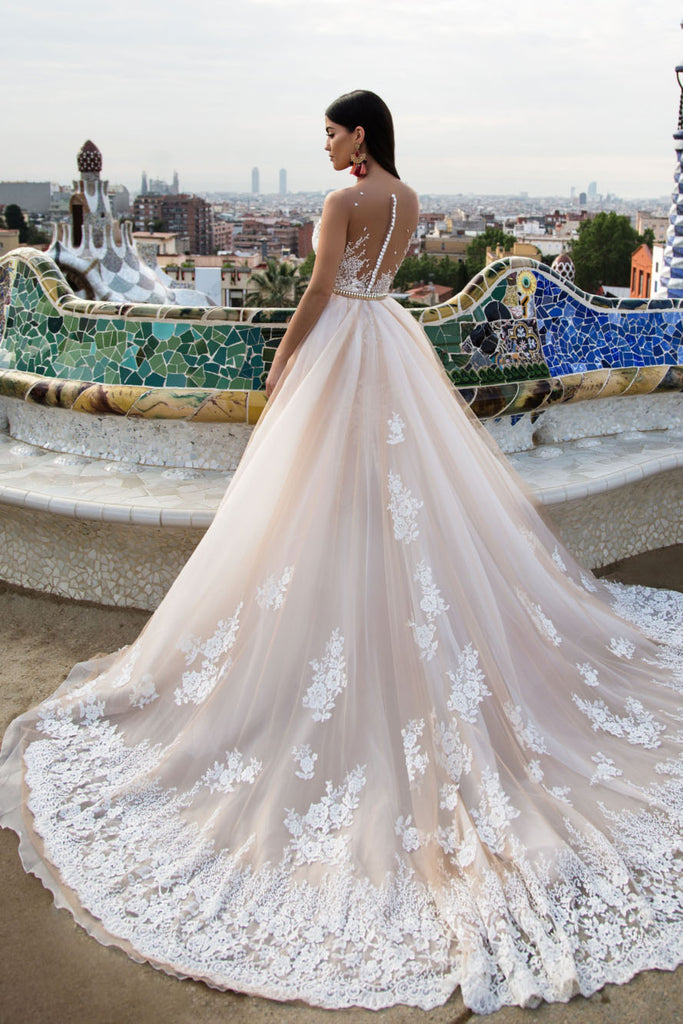 Lace Elegant Trumpet Modest Detachable Train Wedding Dress