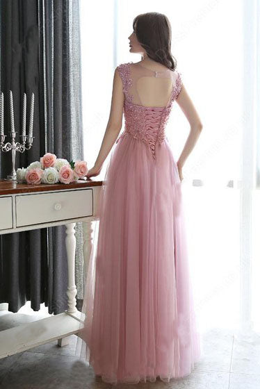Modest Scoop Neck Tulle Pearl Detailing Lace-up Floor-length Sleeveless Prom Dresses uk PM632