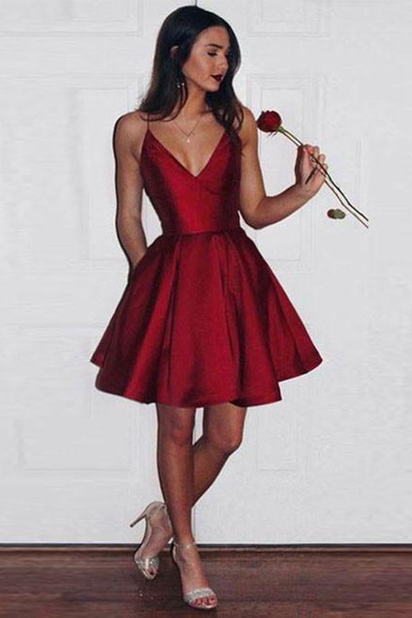 A Line Spaghetti Straps V-Neck Dark Red Satin Homecoming Dresses with Pockets PH593