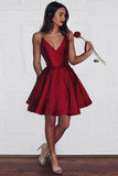 A Line Spaghetti Straps V-Neck Dark Red Satin Homecoming Dresses with Pockets PH593