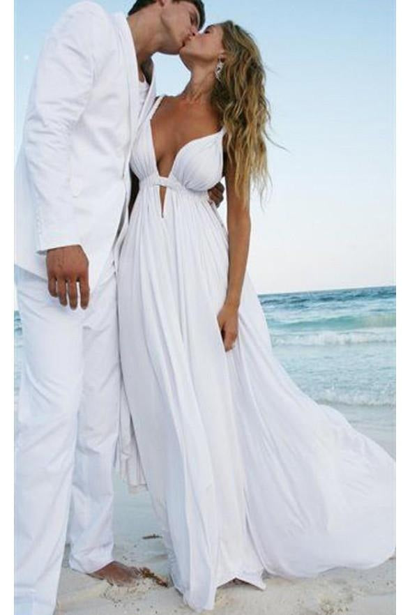 Sexy Deep V Neck White Chiffon Beach Elegant A-Line Bridal Floor-Length Wedding Dresses PM226