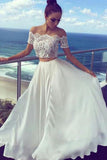 Two Pieces Off-the-Shoulder Ivory Short Sleeve A-Line Long Cheap Prom Dresses uk PM526