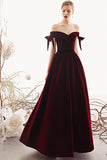 Charming A Line Long Off the Shoulder Burgundy V Neck Prom Dresses with Sweetheart P1389