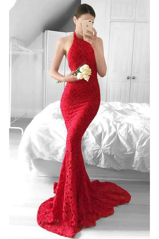 Glamorous Mermaid Red Lace Halter Evening Dress,Backless Sleeveless Prom Dresses UK PH331
