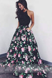 A Line Flowers Black with Flowers Sleeveless Pockets Beads Floor Length Prom Dresses uk PW47