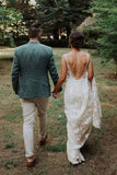 Elegant Mermaid Lace Appliques Straps V-Neck Ivory Wedding Dress Beach Wedding Gowns W1219