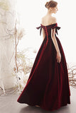 Charming A Line Long Off the Shoulder Burgundy V-Neck Prom Dress with Sweetheart P1389