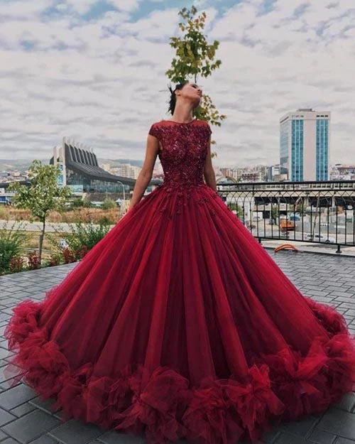 Red Tulle Appliques Ball Gown Round Neck Prom Dresses Sweet 16 Dresses Quinceanera Dresses PH464