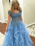 Blue Off the Shoulder Two Pieces Tulle Beads Prom Dress with Lace Appliques P1407