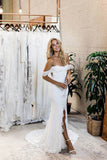 Princess Off the Shoulder Lace Off White Sweetheart Wedding Dress with Side Slit W1124
