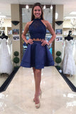 Two Piece Round Neck Tiered Satin Blue Open Back Homecoming Dresses with Lace PM259