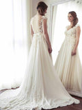 A-Line V-Neck Chiffon with Lace Appliqued Cap Sleeves Ivory Chapel Train Wedding Dresses PM883
