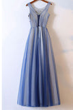 Elegant Long Appliques Blue Tulle Round Neck Long Evening Dress PM45