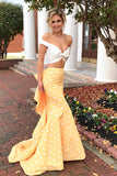 Two Piece Off-the-Shoulder White and Yellow Zipper V-Neck Mermaid Long Prom Dresses PH63