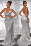 Sexy Mermaid Deep Neck Halter Backless Sequins Prom Dress P1207