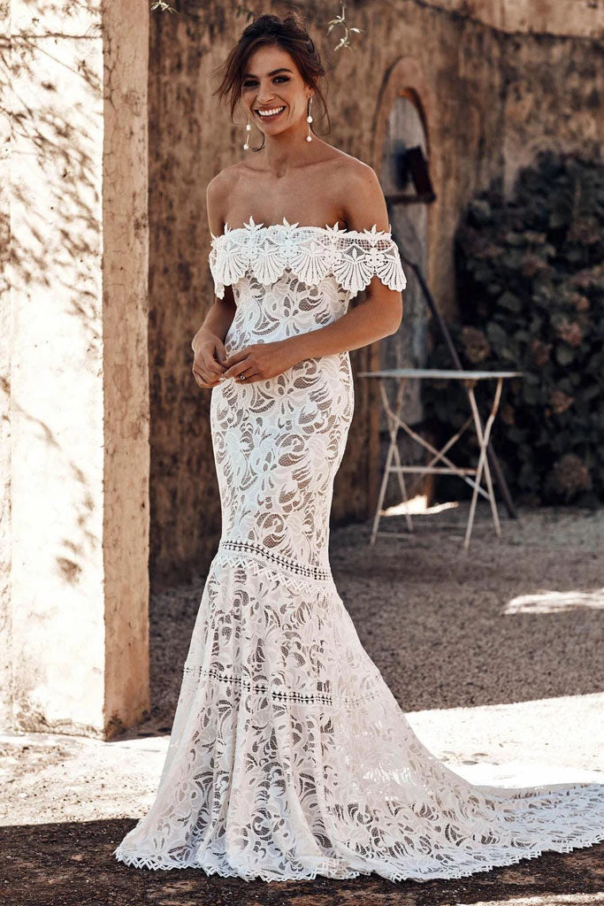 Elegant Off the Shoulder Ivory Lace Mermaid Beach Wedding Dress, Cheap Bridal Dress W1104