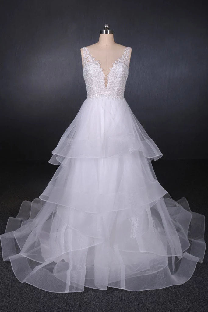 Elegant V-neck Tulle Open Back Wedding Dresses, Asymmetrical Long Bridal Dresses W1143