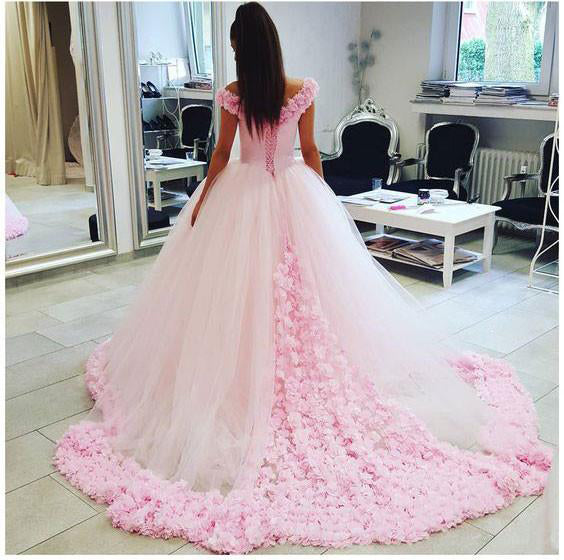 Ball Gown Off shoulder Pink Tulle Wedding Quinceanera Dresses With Flowers PM284