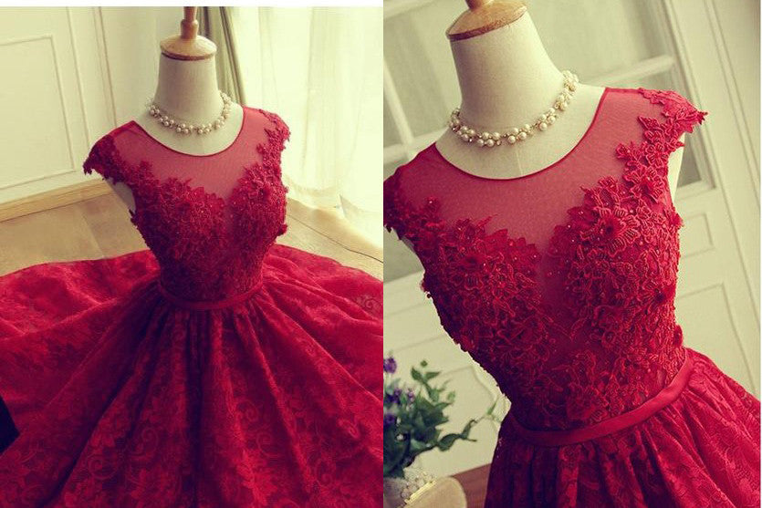 Scoop A-line Short Red Lace Homecoming Dress,Sweet 16 Prom Dress