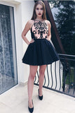 Stylish A-Line Halter Black Satin Short Graduation Dress Homecoming Dress PM96