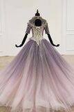 Sparkly Ball Gown Ombre Half Sleeves Jewel Long Prom Dress Beads Quinceanera Dress P1423