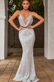 Sexy Mermaid Deep Neck Halter Backless Sequins Prom Dresses Long Formal Dresses P1207