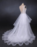 Elegant V-Neck Tulle Open Back Wedding Dress Asymmetrical Long Bridal Dress W1143