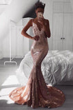 Sexy Rose Gold Sequins Mermaid Long Prom Dresses Spaghetti Straps Backless Party Dresses P1260
