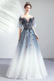 A Line Half Sleeves Tulle Long Ombre Prom Dress with Appliques Blue Evening Dresses P1246