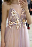 Elegant Spaghetti Straps V Neck Prom Dress With Handmade Flowers Bridesmaid Dress P1429