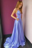 A Line Lilac Satin V-Neck Spaghetti Straps Split Prom Dress with Pockets Dance Dress P1563