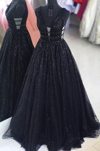 Sparkly Ball Gown Black V-Neck Prom Dress Long Cheap Formal Dress P1541