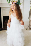 A Line Round Neck Tulle White Straps Flower Girl Dresses with Lace, Baby Dresses FG1011