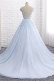 Princess V-Neck Light Blue Lace Tulle Ball Gown Long Prom Dress Formal Dress P1285