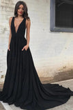 Simple Deep V Neck Black Backless Prom Dresses with Pockets, Long Formal Dresses P1286