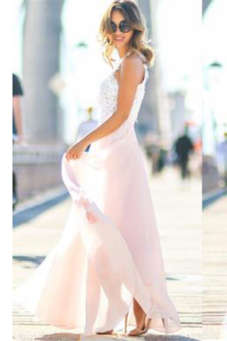 Modest Chiffon Long Blush Pink Lace A Line High Neck Floor-Length Prom Dresses PM192