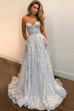 A Line Sweetheart Strapless Sweep Train Lace Pockets Wedding Dress with Sequins W1121