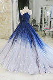 Ombre Ball Gown Royal Blue Prom Dresses With Appliques, Long V Neck Quinceanera Dresses P1138