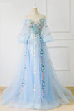 Light Blue Off the Shoulder Half Sleeve Prom Dresses with Lace up, Sweetheart Flowers Evening Dress P1242