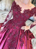 Ball Gown Long Sleeves Burgundy Satin Beads Prom Dress with Appliques Quinceanera Dress P1405