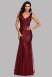Sexy Burgundy Tulle V Neck Mermaid Sequin Prom Dresses, Evening Party Dresses XU90813