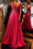 A-Line See-Through Neckline Appliques Chiffon Red Lace Backless Beads Prom Dresses UK PH316