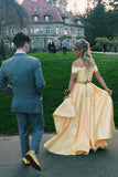 Elegant Two Pieces Yellow Off the Shoulder Prom Dress Satin Appliques Party Dress P1367