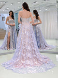 Charming Sweetheart Strapless Lace Appliques Lilac Prom Dress with Slit P1484