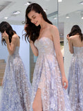 Charming Sweetheart Strapless Lace Appliques Lilac Prom Dress with Slit P1484